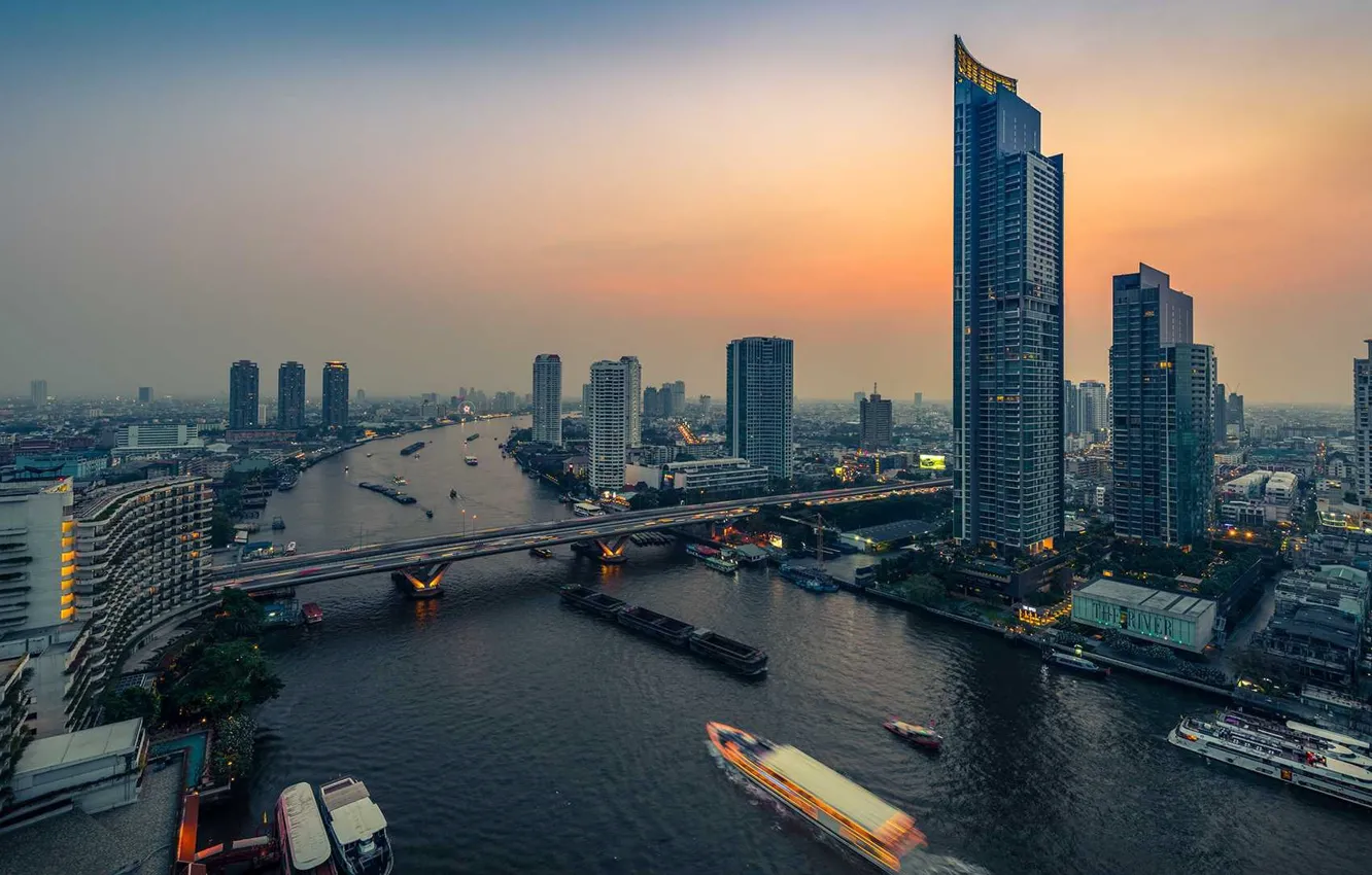 Фото обои мост, река, Тайланд, Бангкок, вид сверху