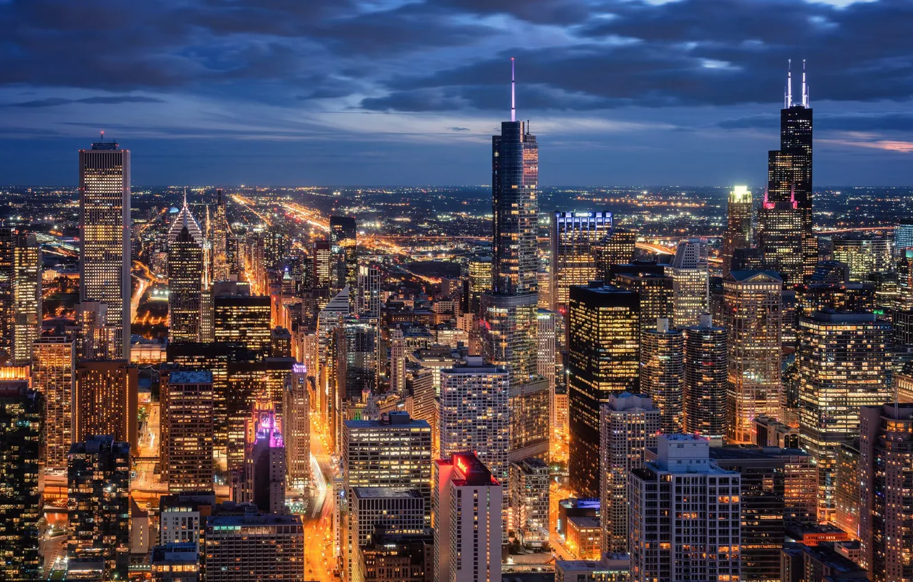 Фото обои здания, дома, Чикаго, панорама, Иллинойс, ночной город, Chicago, Illinois