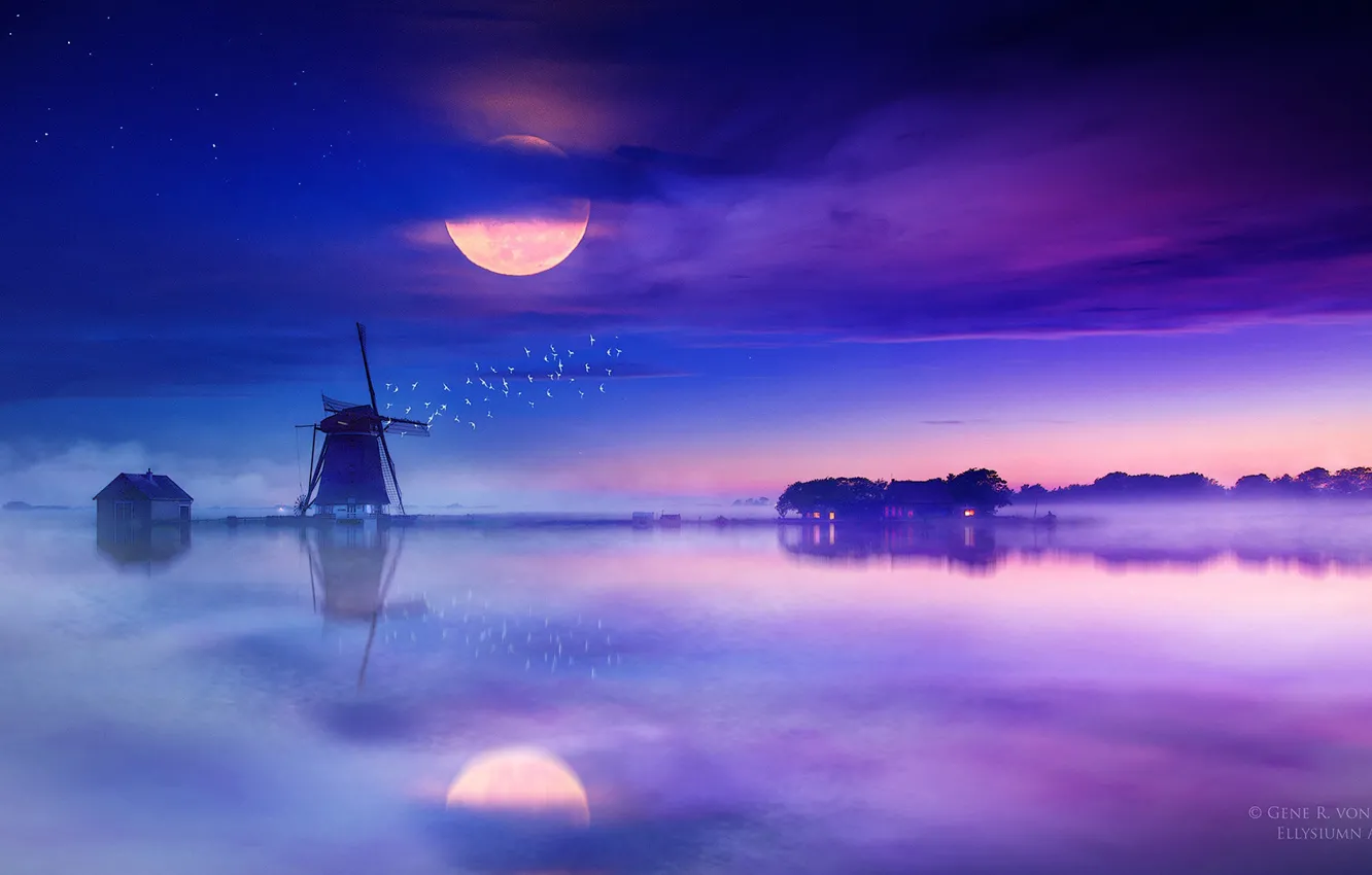 Фото обои Отражение, Туман, Ночь, Мельница, Озеро, Луна, Дом, Moon