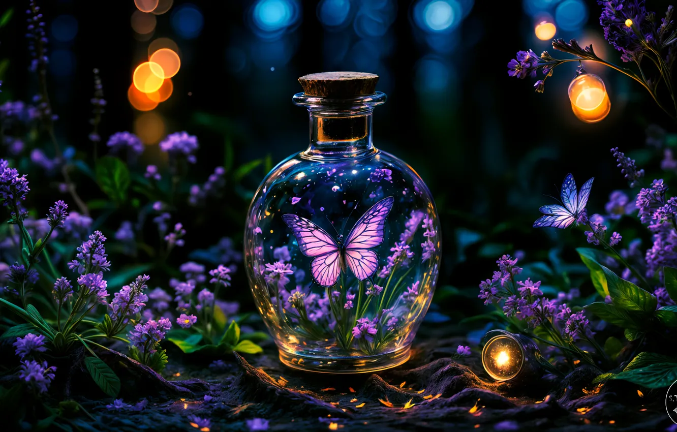 Фото обои Fantasy, Night, Illumination, Lavender, Girly backgrounds, Bokeh Background, Dreamlike, Purple aesthetic