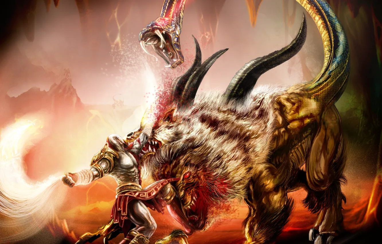 Фото обои battlefield, sword, blood, snake, demigod, Kratos, God of War, lion