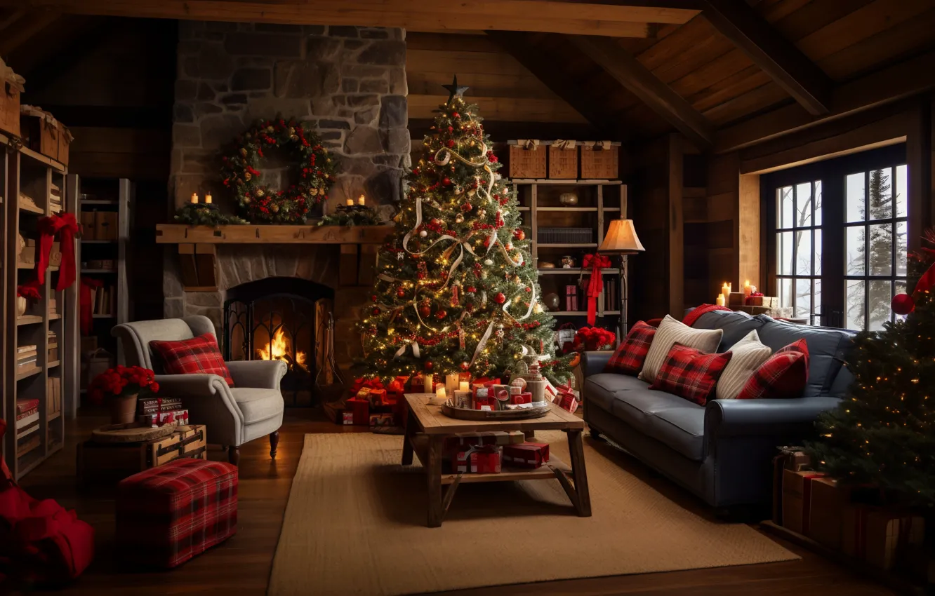 Фото обои украшения, дом, комната, шары, елка, интерьер, Новый Год, Рождество