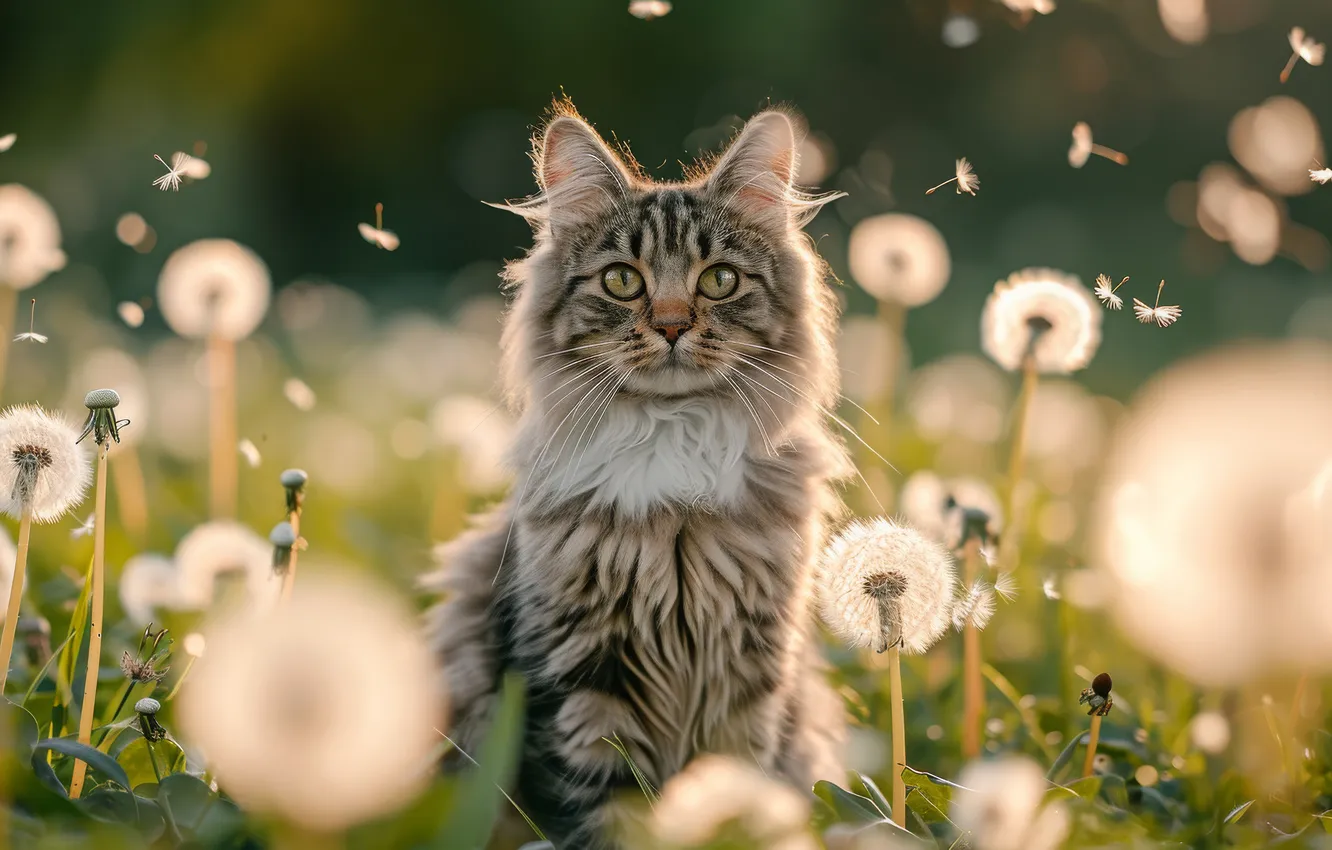 Фото обои кошка, лето, кот, взгляд, цветы, поза, котенок, серый