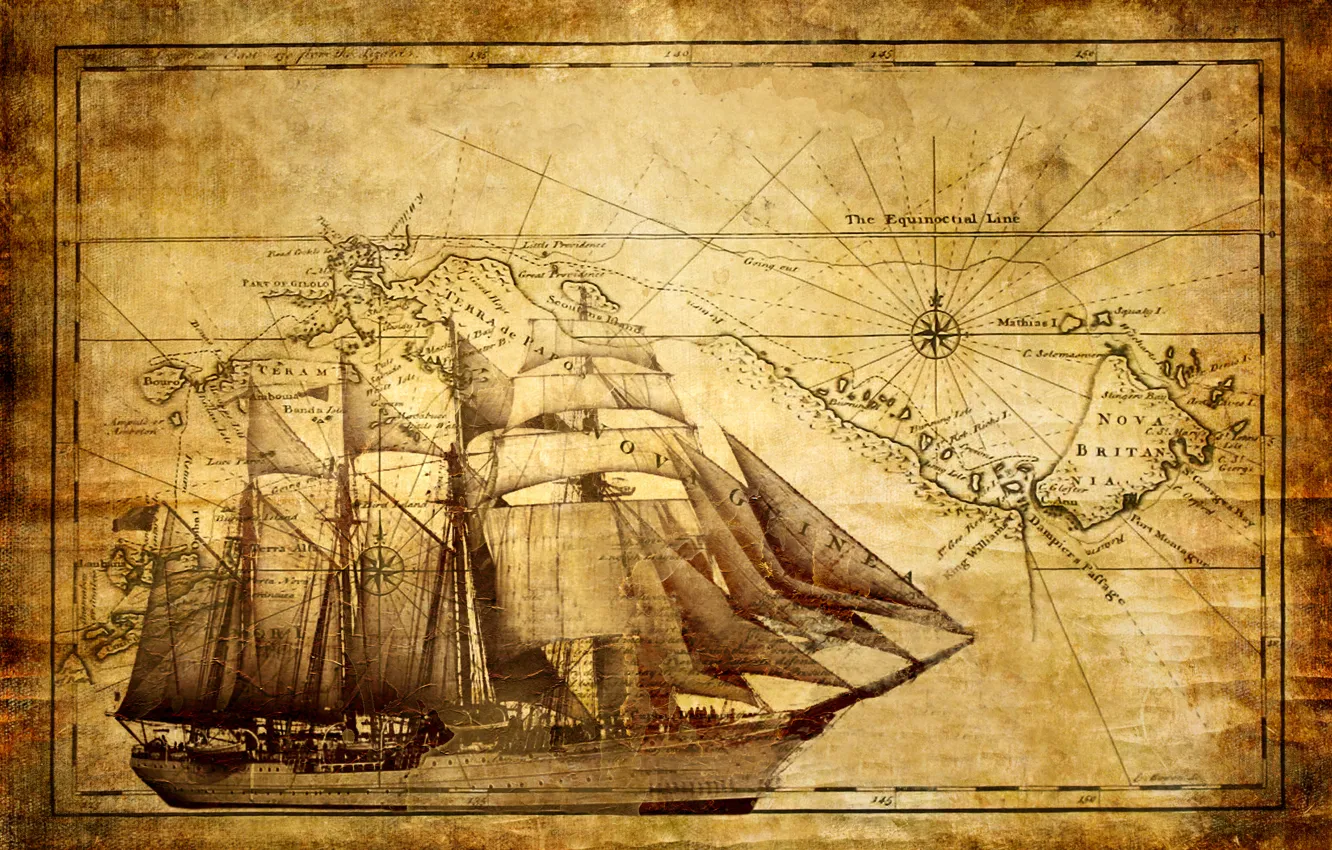 Фото обои корабль, карта, парусник, фрегат