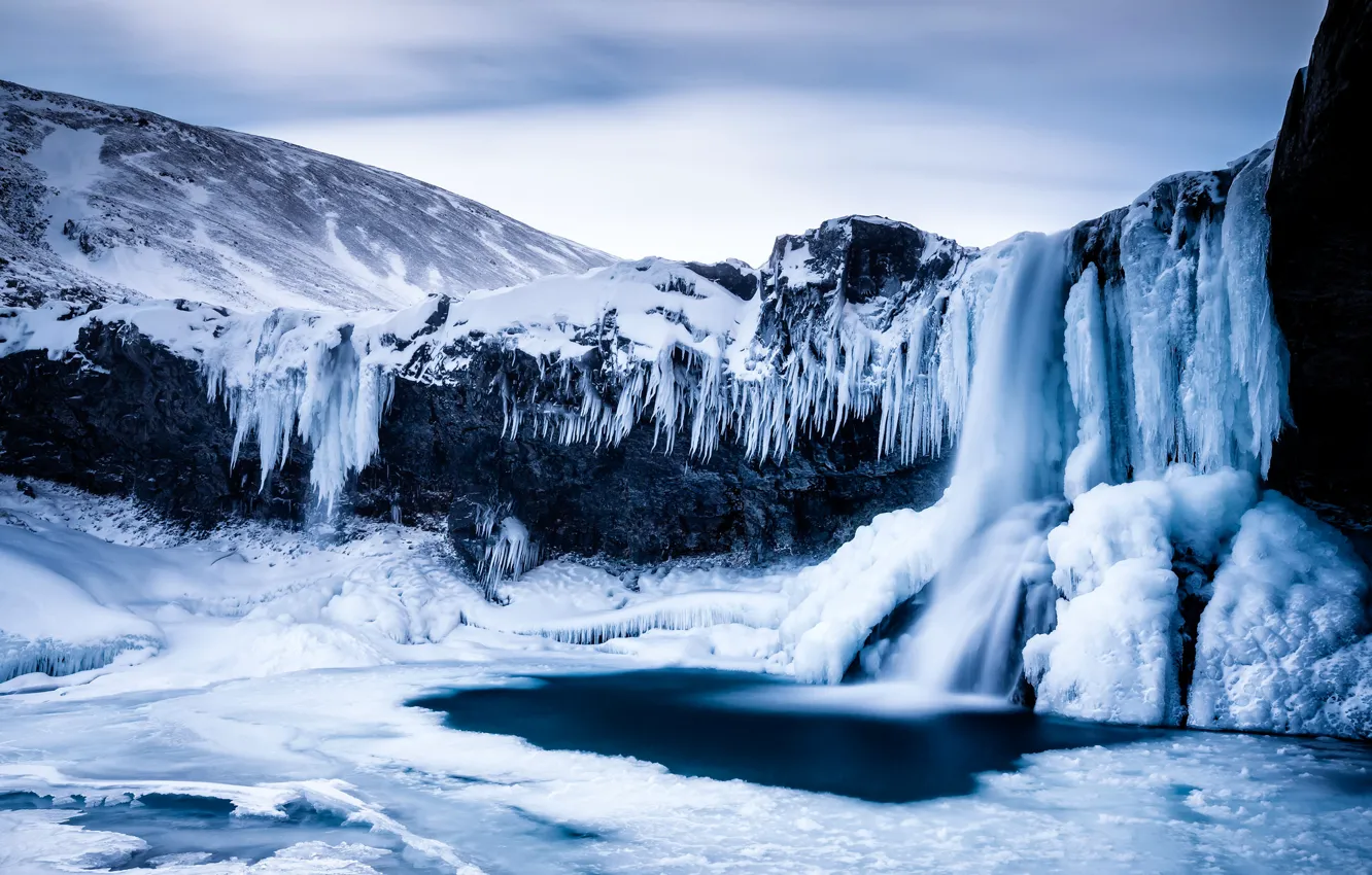 Фото обои лед, зима, небо, горы, озеро, скалы