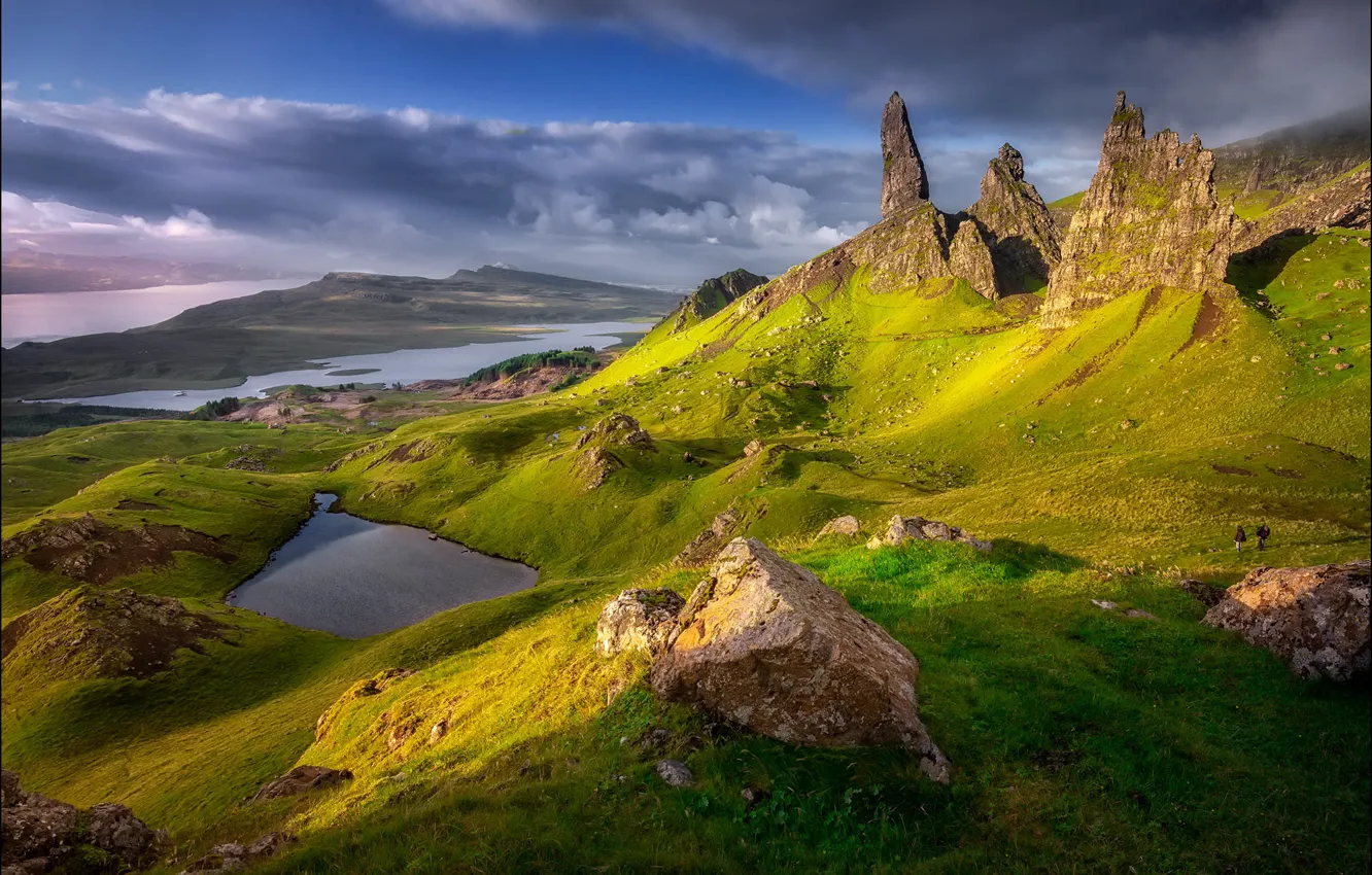 Фото обои солнце, озеро, скалы, Шотландия, Scotland, фотограф Georg Scharf
