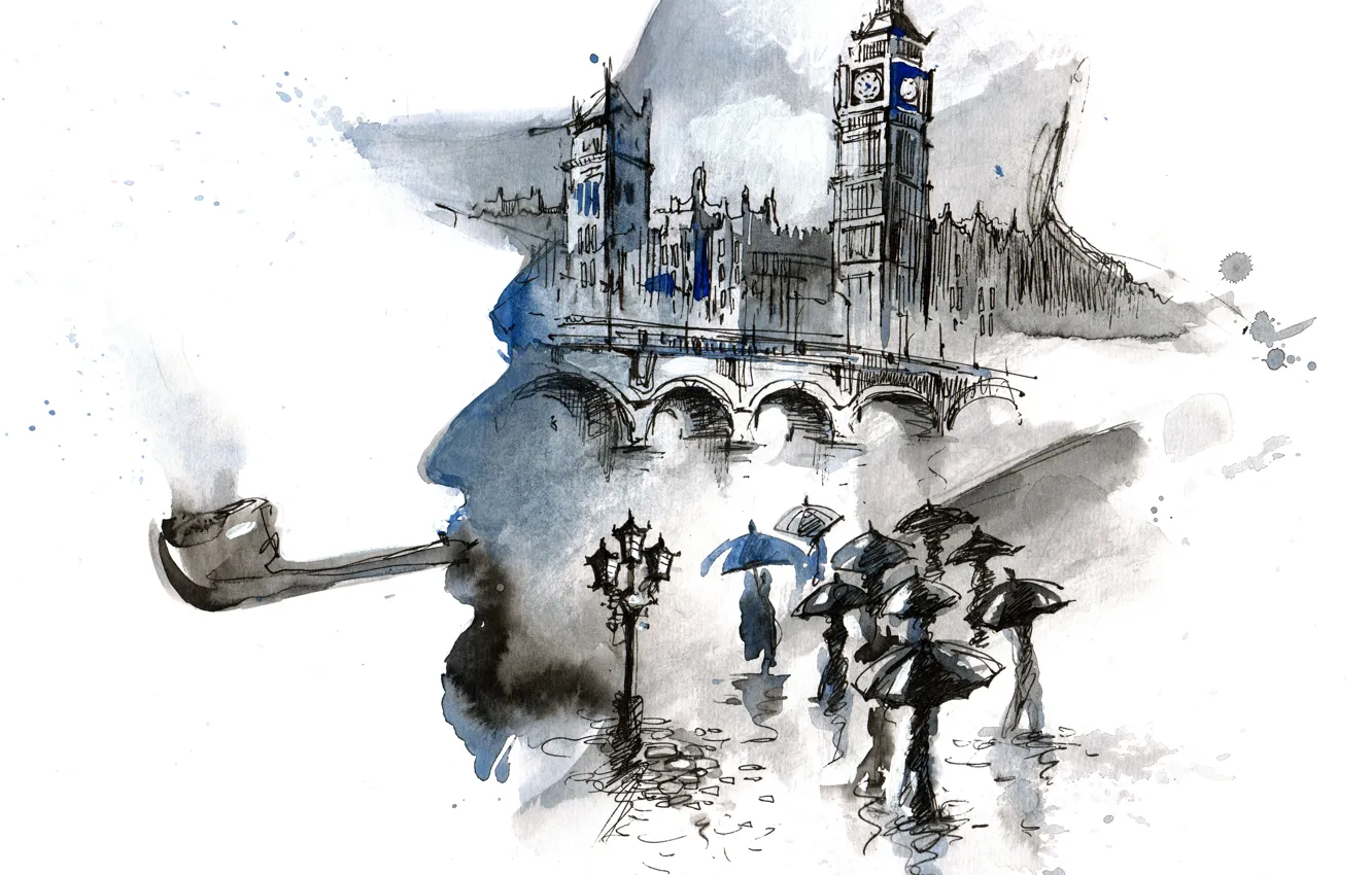 Фото обои мост, люди, дождь, Лондон, зонтики, живопись, Биг бен