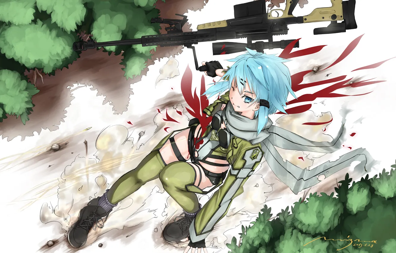Фото обои девушка, оружие, кровь, пыль, винтовка, weapon, рана, sword art online