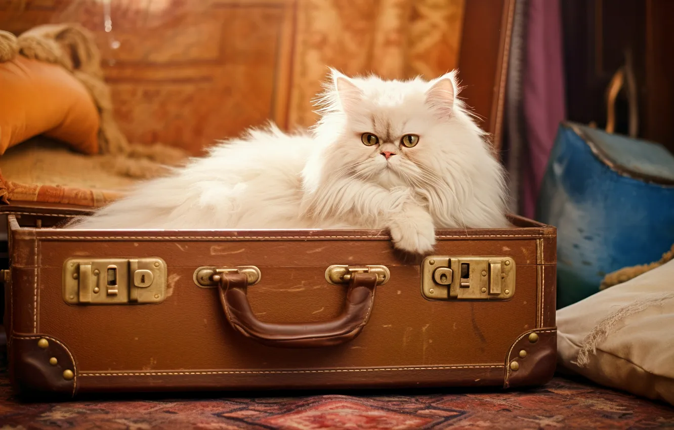 Фото обои кошка, белый, кот, взгляд, поза, комната, ковер, вещи