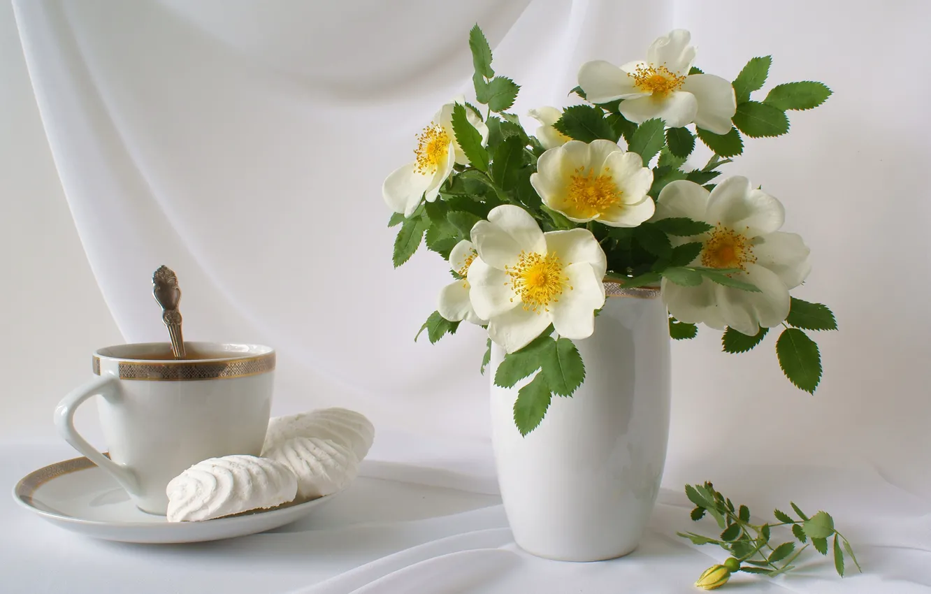 Фото обои цветы, чай, букет, лепестки, чашка, ваза, натюрморт, блюдце