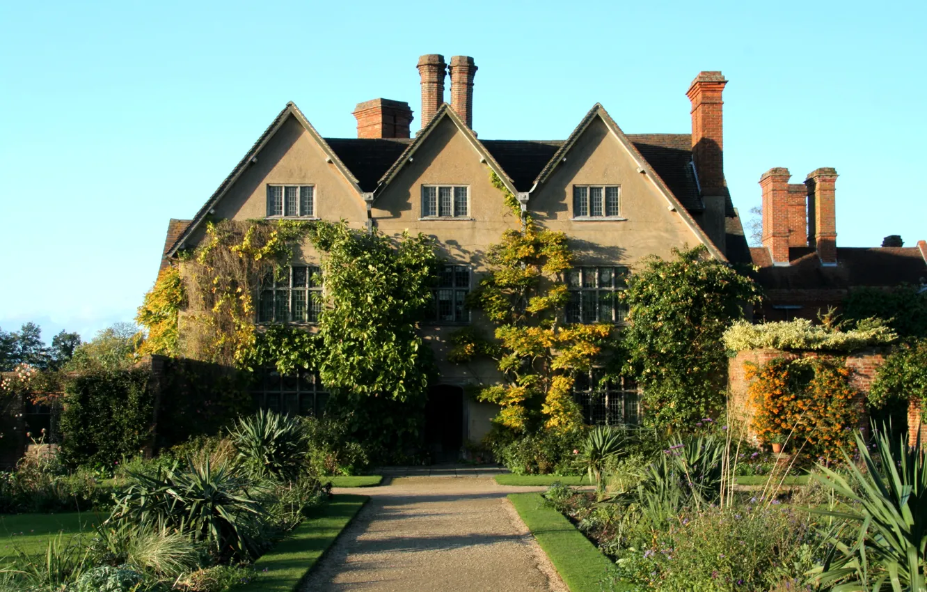 Фото обои дом, газон, Англия, дорожка, особняк, кусты, Packwood House