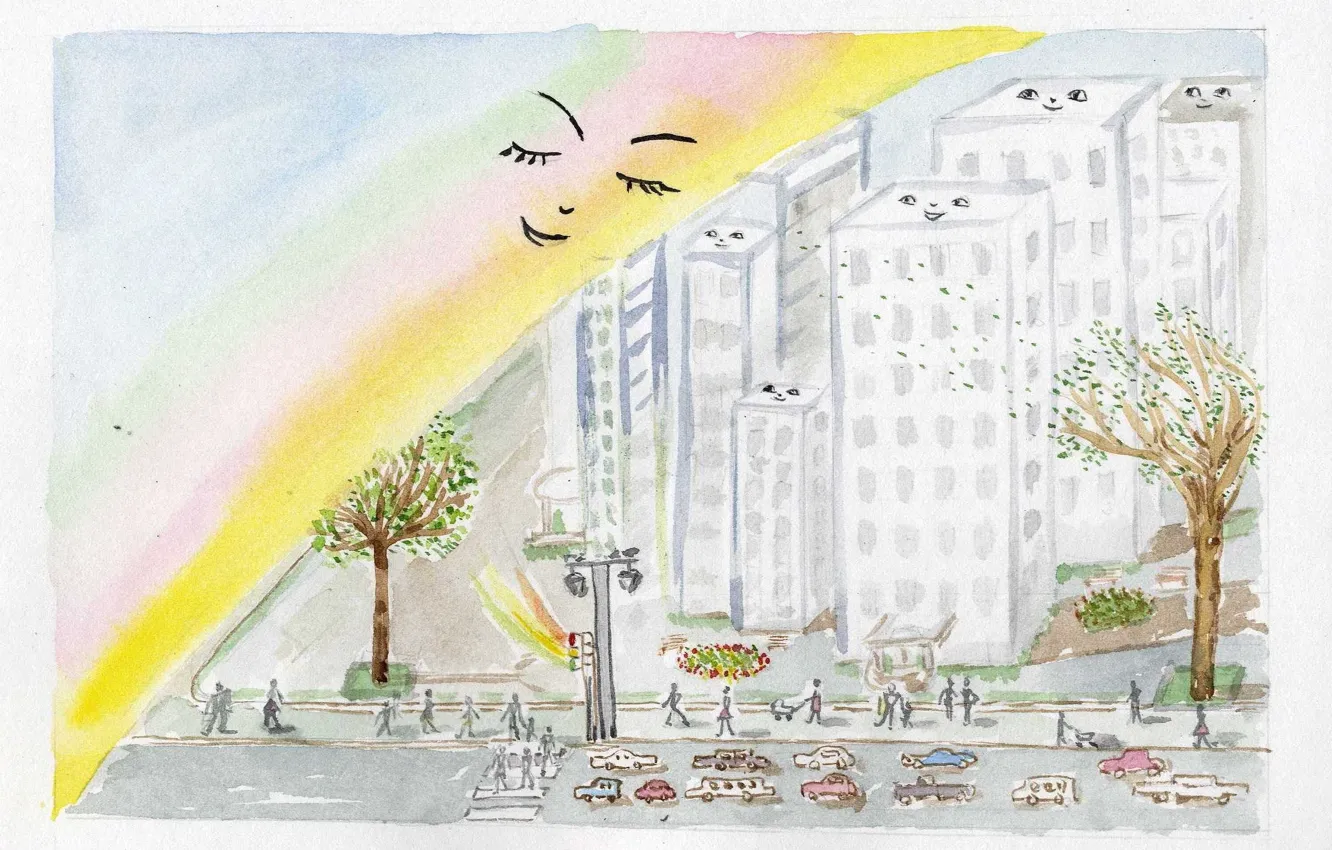 Фото обои город, люди, рисунок, здания, радуга