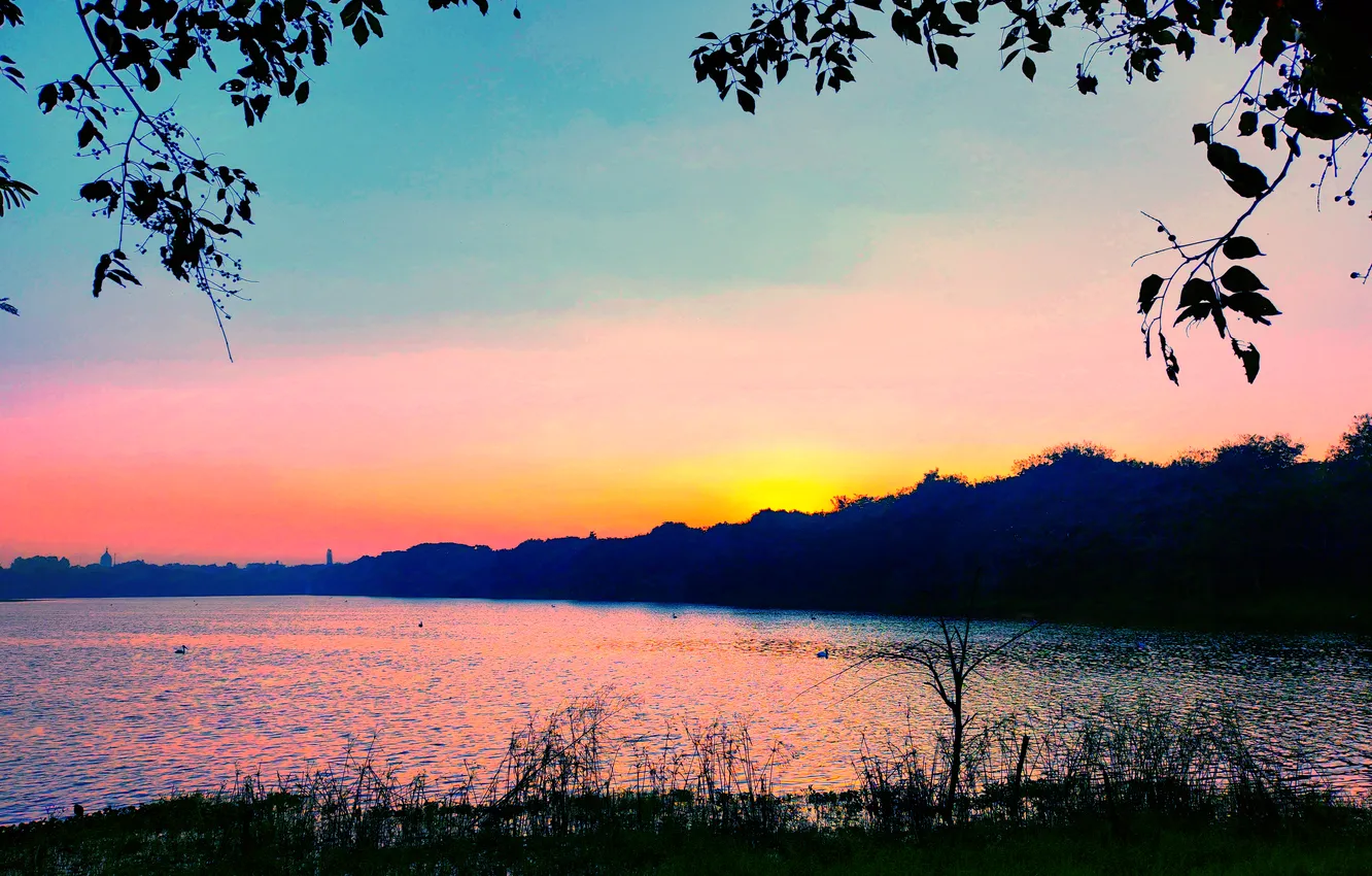 Фото обои Sky, Grass, Sun, Water, Sunrise, Dawn, Morning, Lake