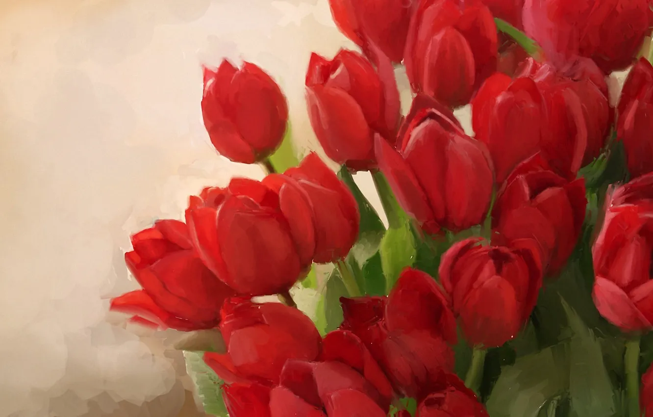Фото обои фон, букет, арт, тюльпаны, красные