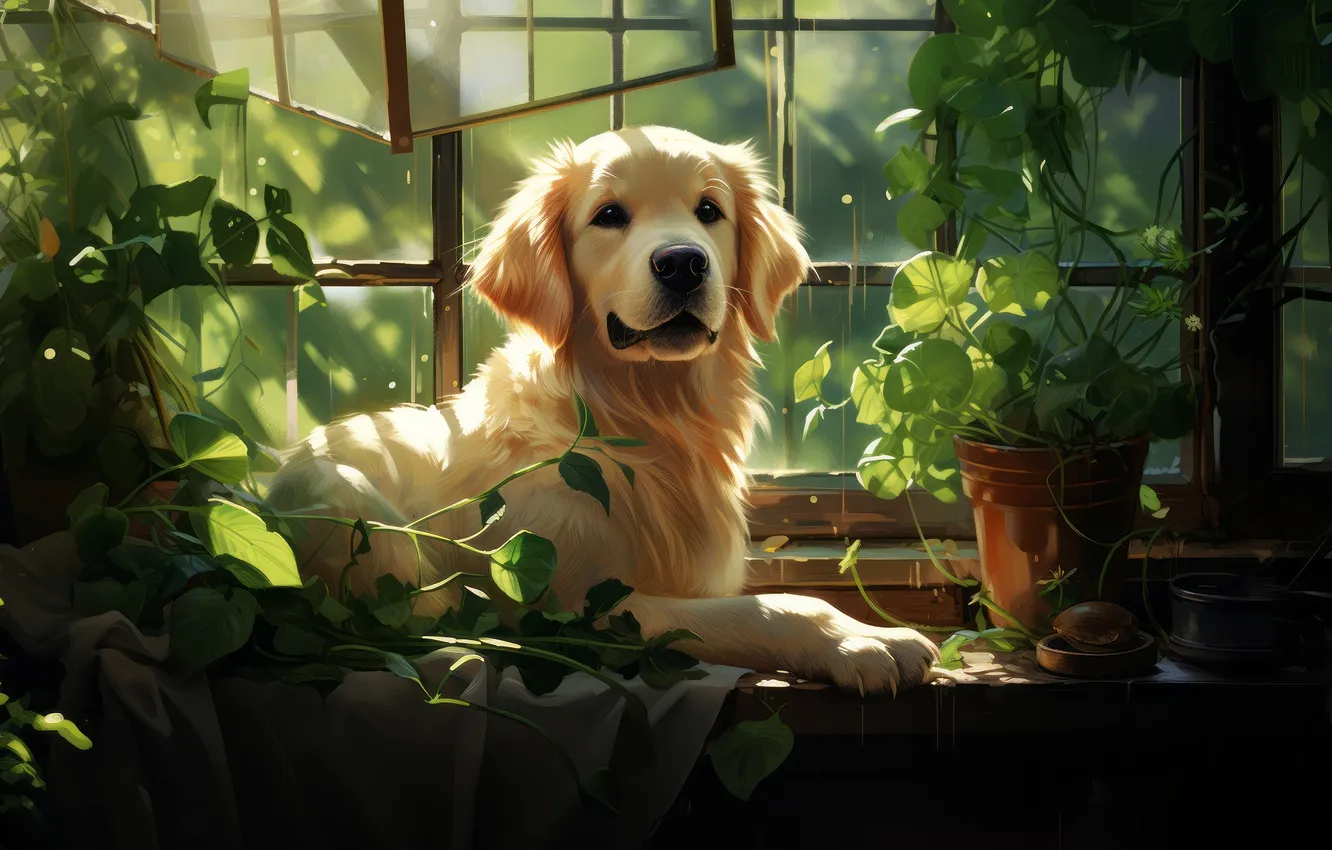 Фото обои green, animals, dog, leaves, window, digital art, plants, illustration