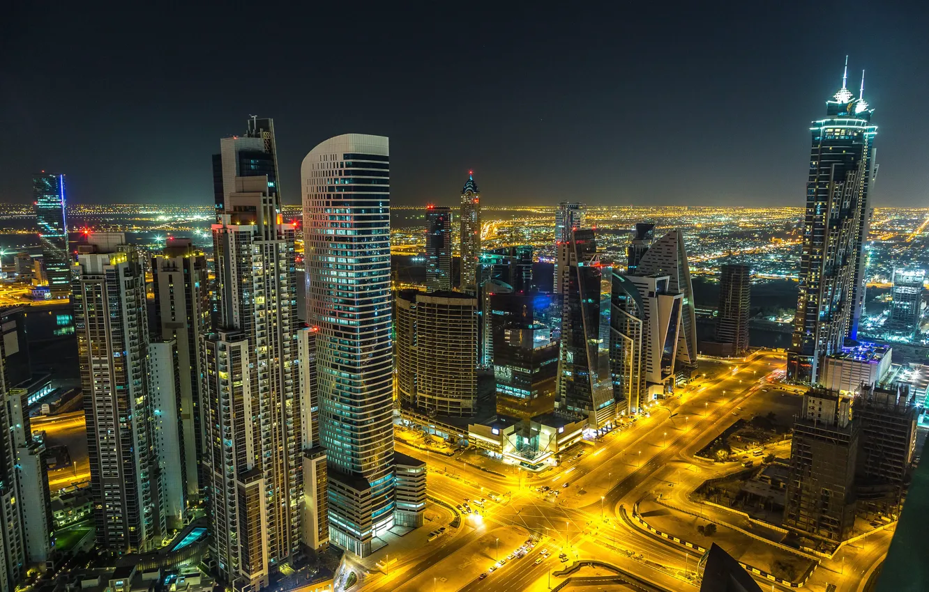 Фото обои ночь, город, небоскреб, панорама, Дубай, Dubai, Panorama