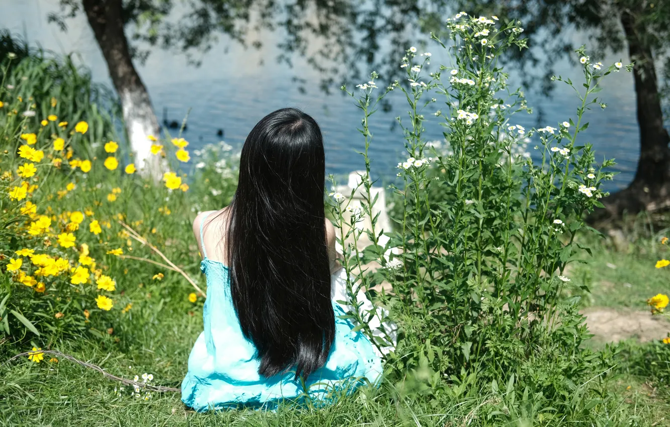 Фото обои Grass, Asian, Model, Flowers, Water, Woman, Back, Lake