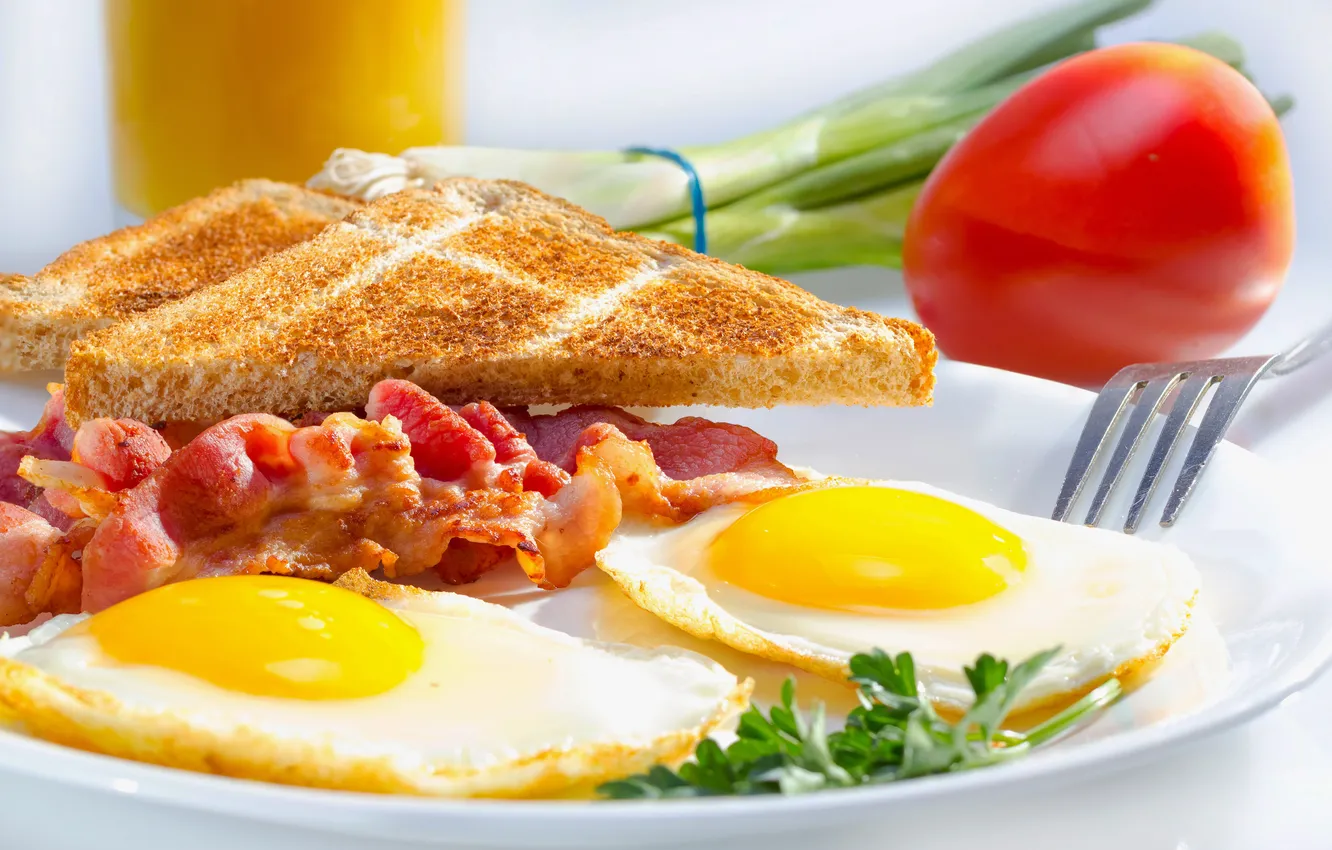Фото обои завтрак, яичница, тосты, breakfast, ветчина, tomato, ham, toasted