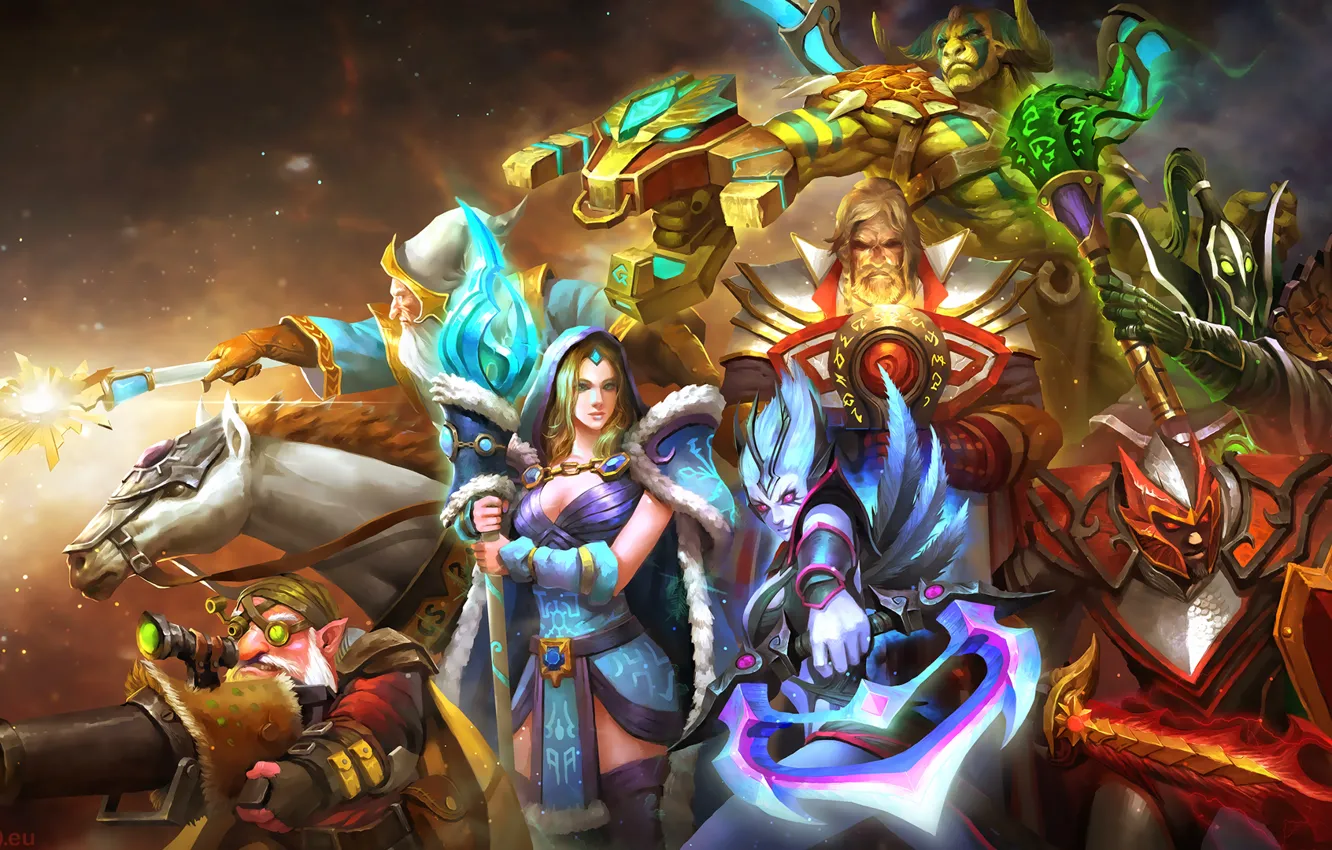 Фото обои арт, Crystal Maiden, Dota 2, Sniper, Keeper of the Light, Elder Titan, Vengeful Spirit, Rubick