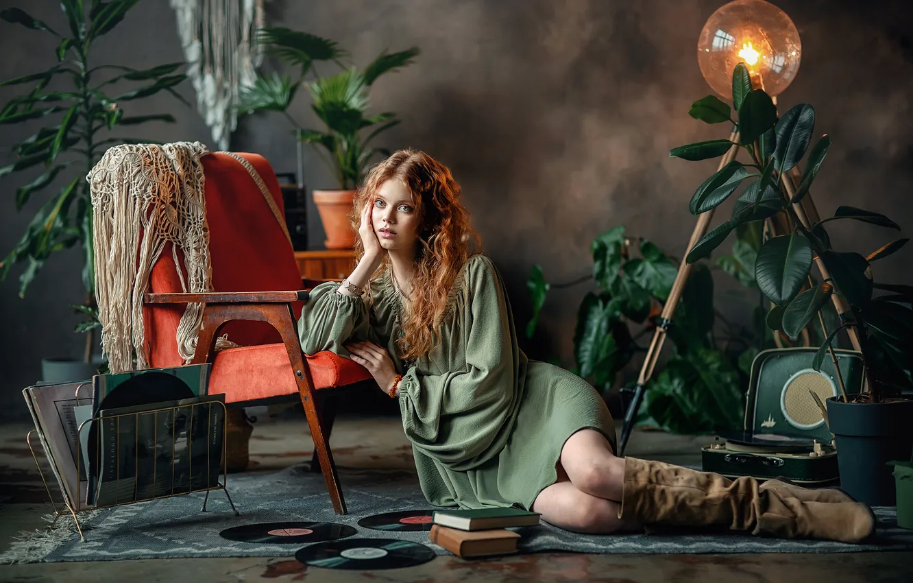 Фото обои girl, dress, pretty, redhead, cute, boots