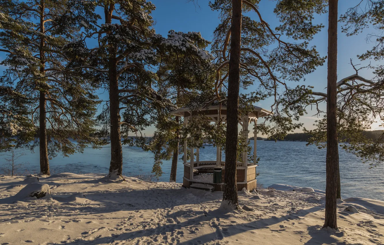 Фото обои снег, озеро, ели, беседка, Финляндия, Finland, Kuopio