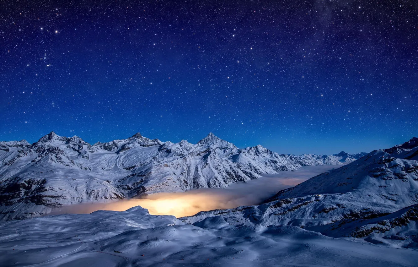 Фото обои горы, ночь, туман, красота, night, mountains, snow, fog