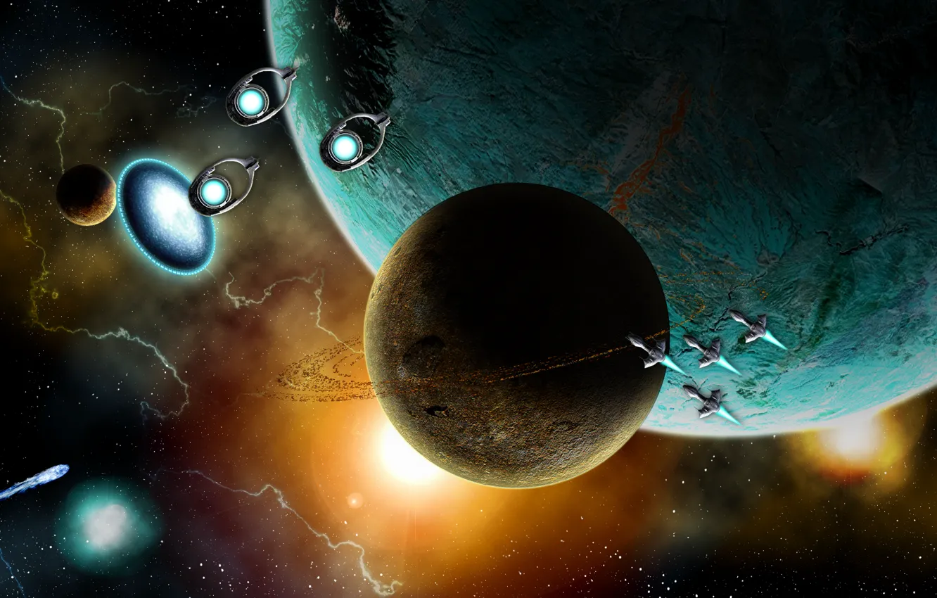 Фото обои Stargate, space, portal, planets, spaceships, supe gate