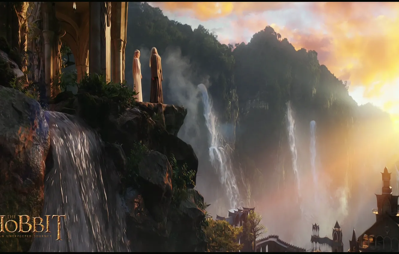 Фото обои лес, закат, обрыв, эльф, водопад, sunset, elf, Ривенделл