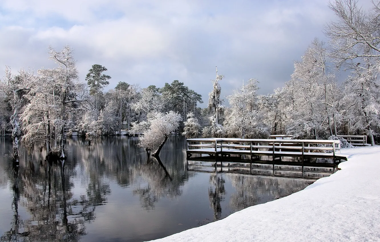 Фото обои зима, пейзаж, мост, озеро