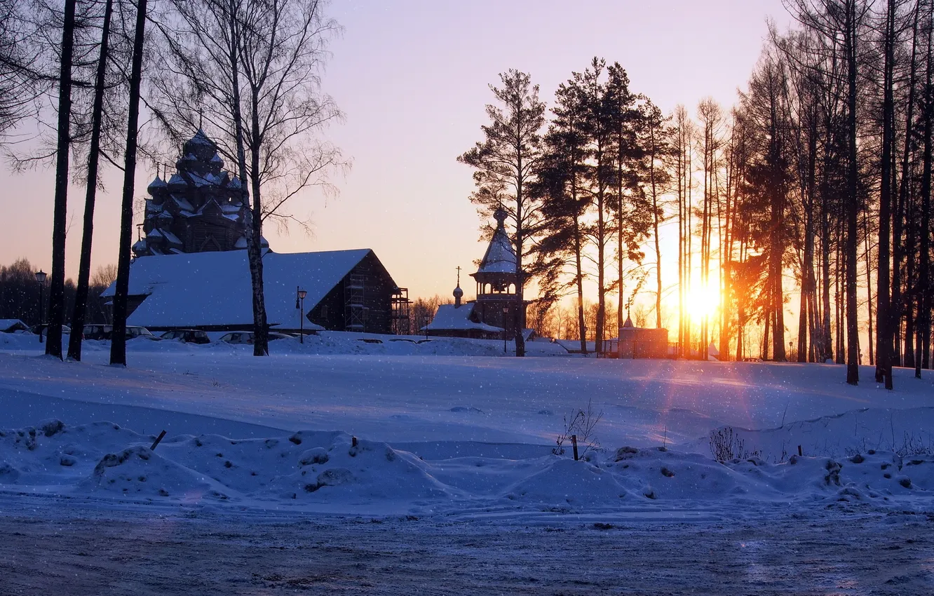 Фото обои зима, закат, храм