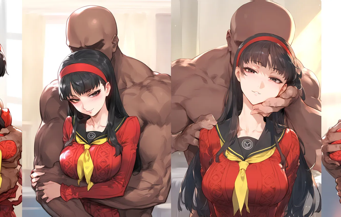 Фото обои black & white, black man, anime girl, Persona, anime babe, Big TIts, Interracial, Yukiko Amagi
