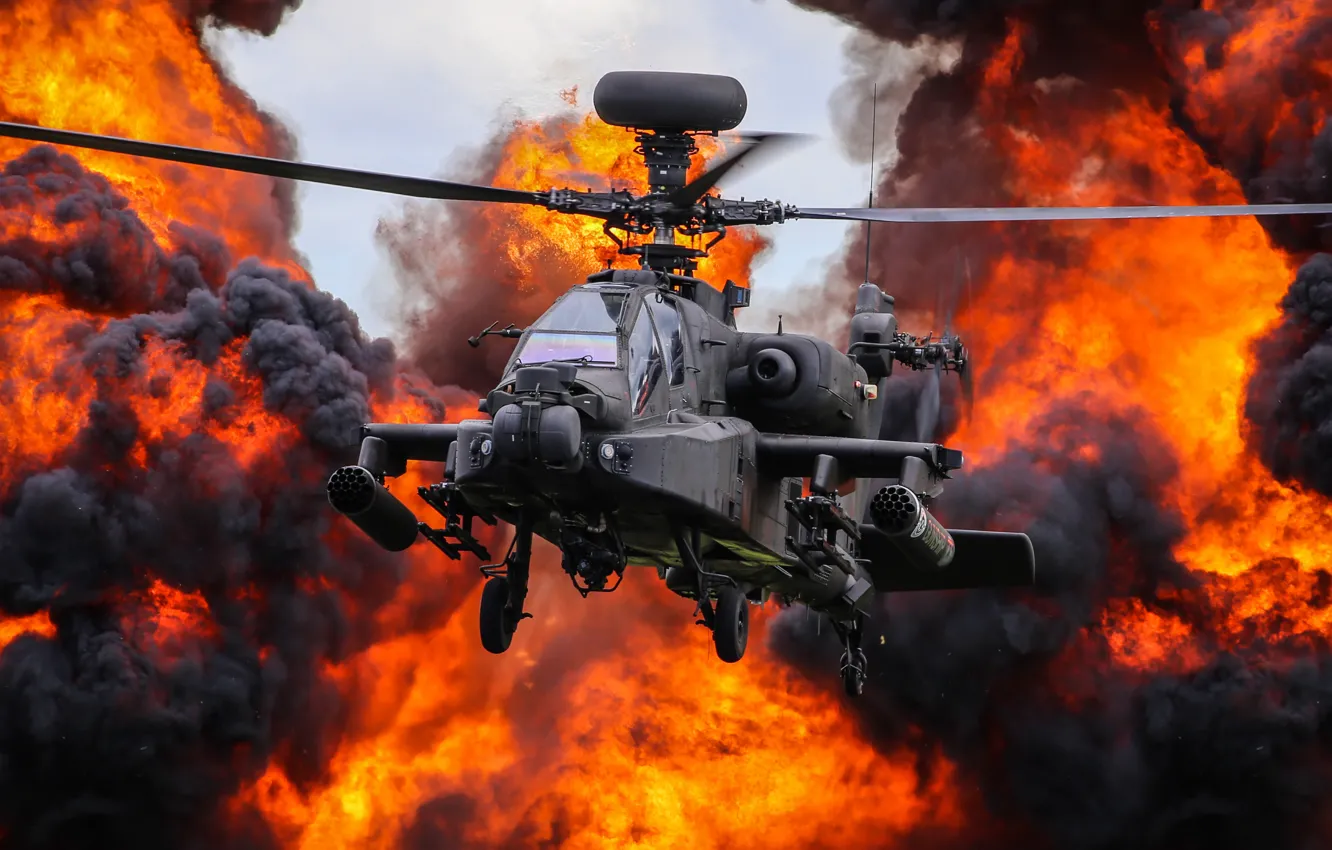 Фото обои Дым, Огонь, Apache, AH-64 Apache, US Army, Ударный вертолёт, Boeing AH-64D Apache, Копоть