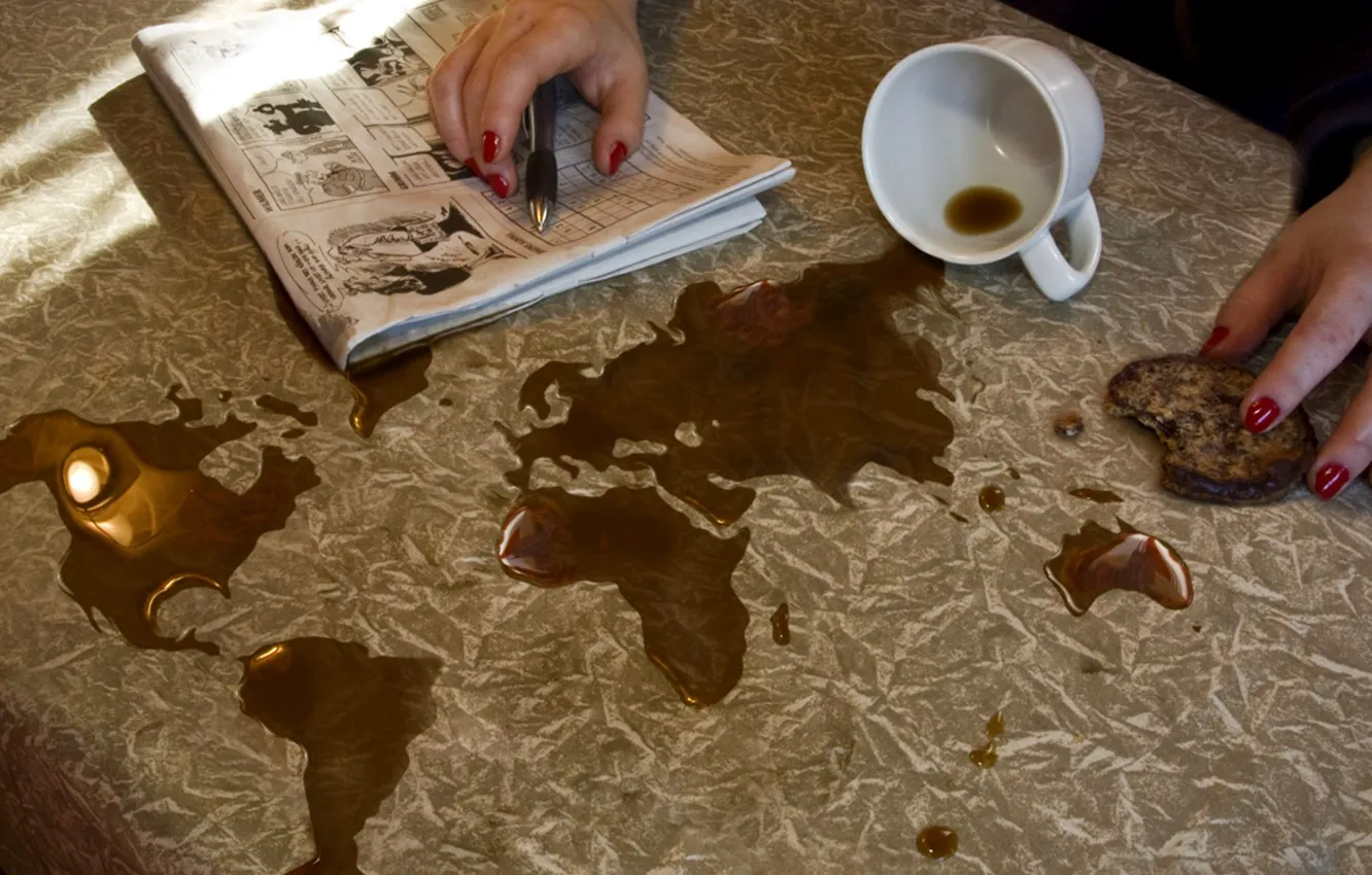 Фото обои map, coffee, world map, spill, Erik Johansson