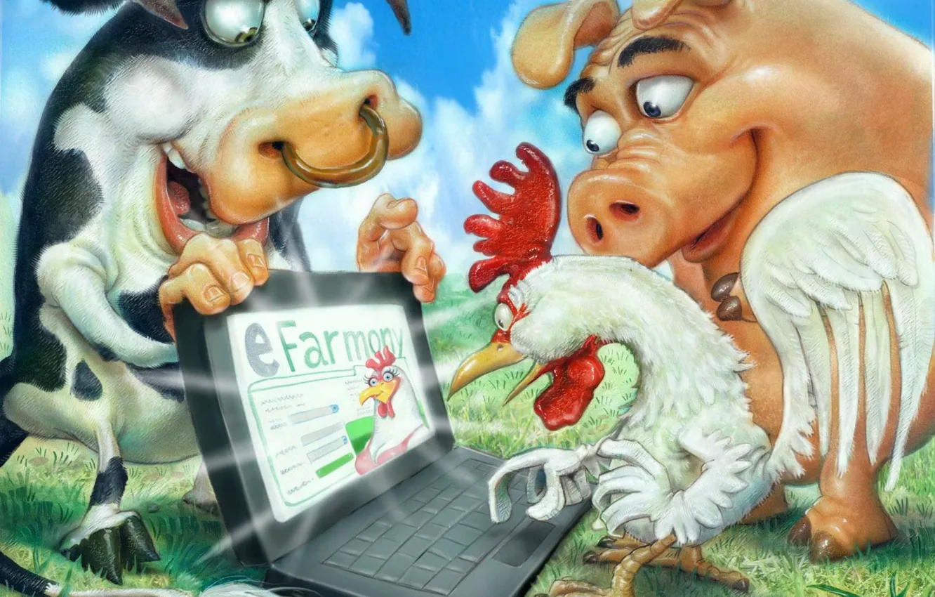 Фото обои компьютер, свинья, ферма, петух, бык
