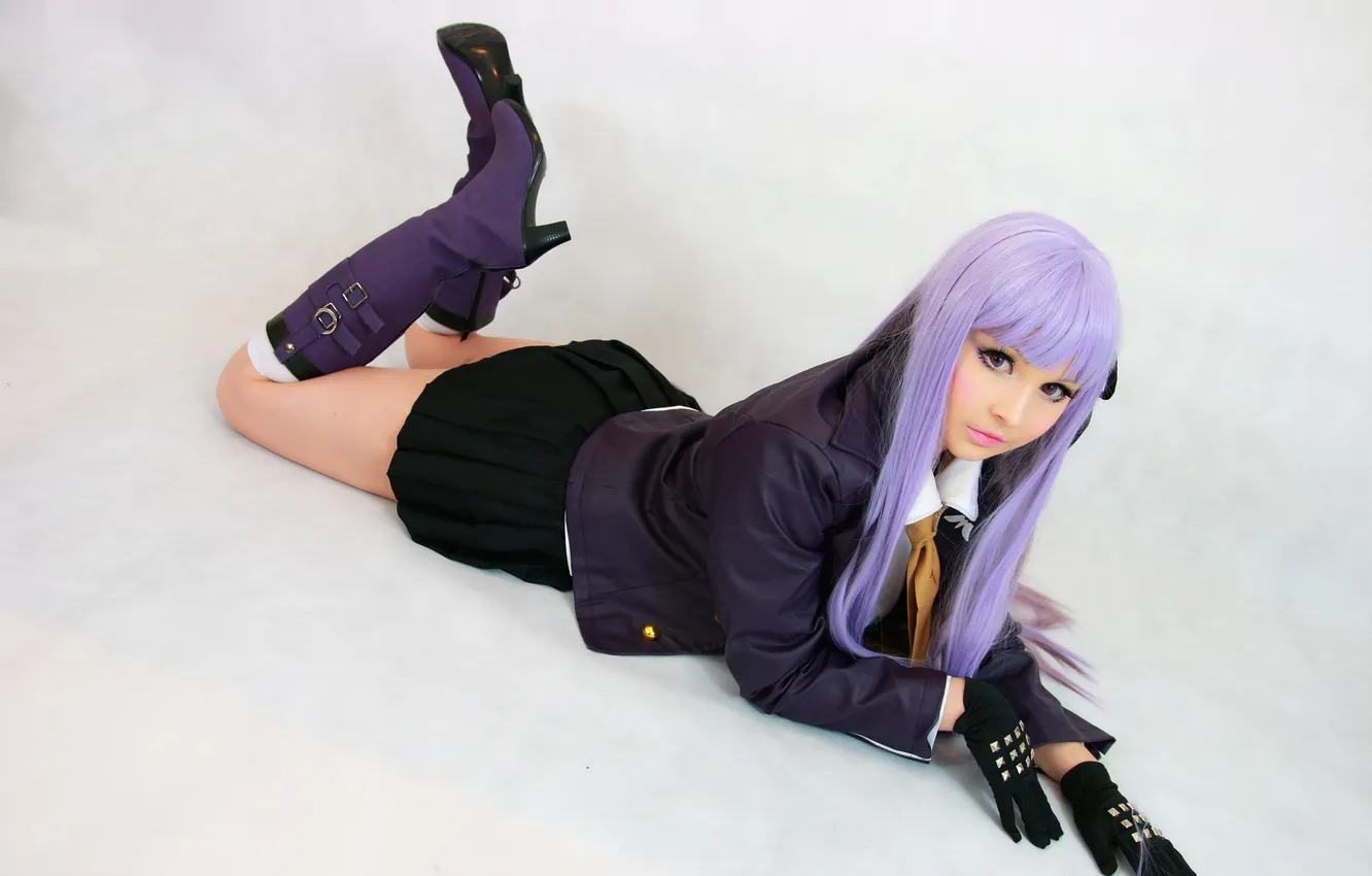 Фото обои school uniform, model, women, cosplay, black panties, purple hair, Kirigiri Kyouko, Danganronpa