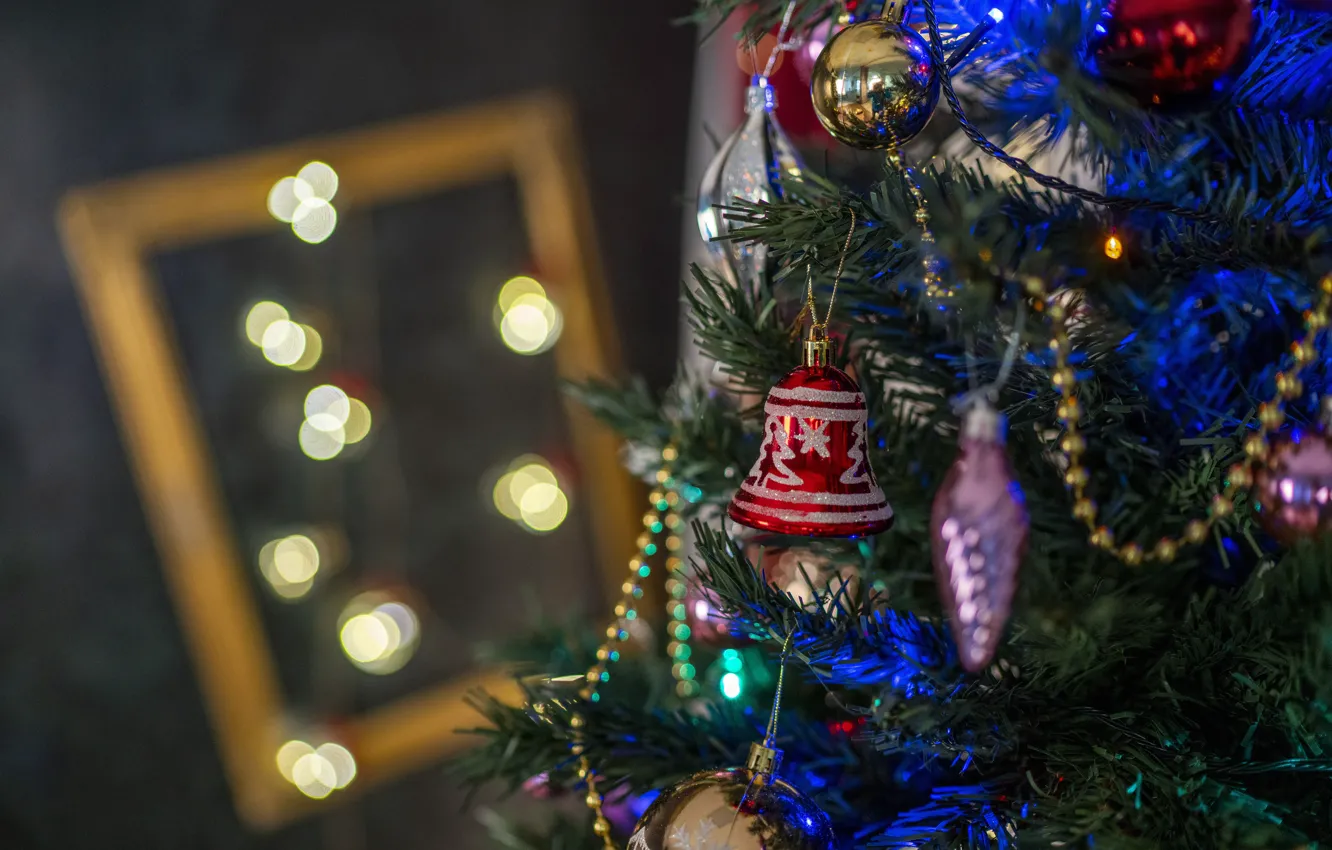 Фото обои зима, шарики, огни, праздник, игрушки, рамка, Рождество, Новый год