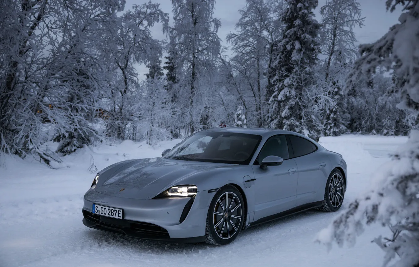 Фото обои зима, дорога, снег, деревья, серый, Porsche, 2020, Taycan
