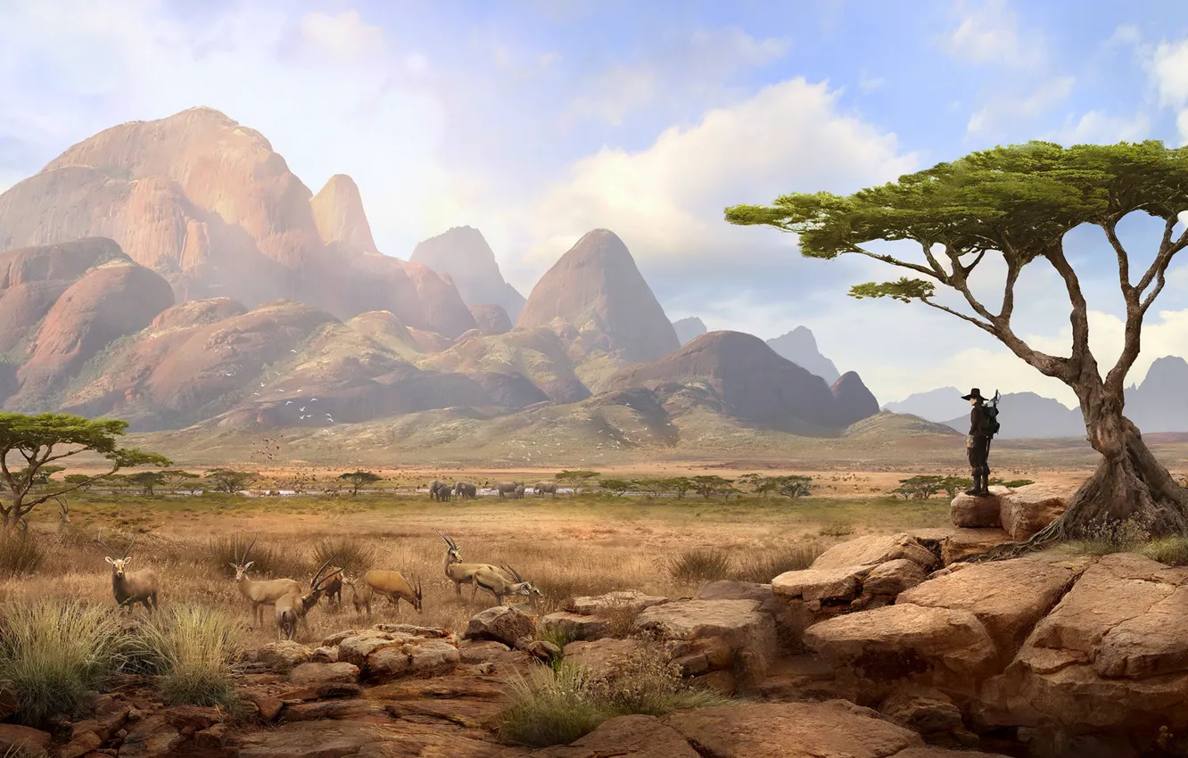 Фото обои горы, путник, Solomon Kane, Africa Landscape, sabana