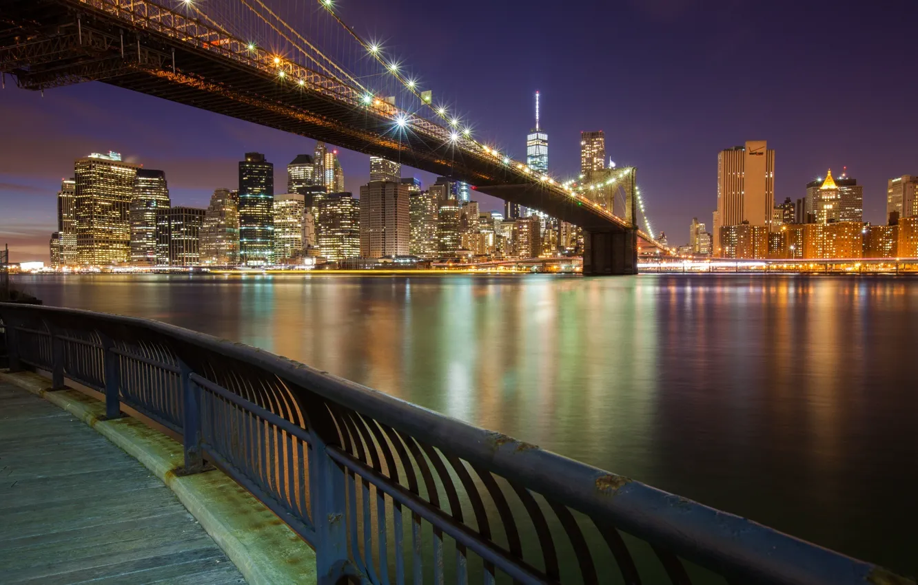 Фото обои ночь, Нью-Йорк, США, Бруклинский мост, Манхэттен