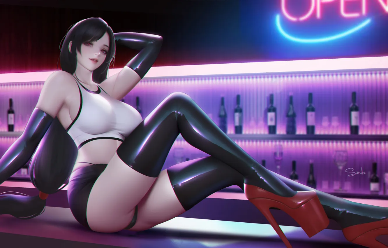 Фото обои Final Fantasy, long hair, women, digital art, big boobs, sitting, dark hair, Tifa Lockhart