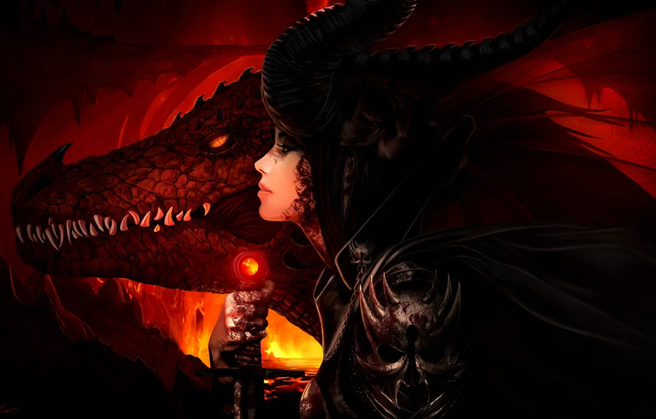 Фото обои девушка, оружие, огонь, дракон, меч, арт, лава, рога