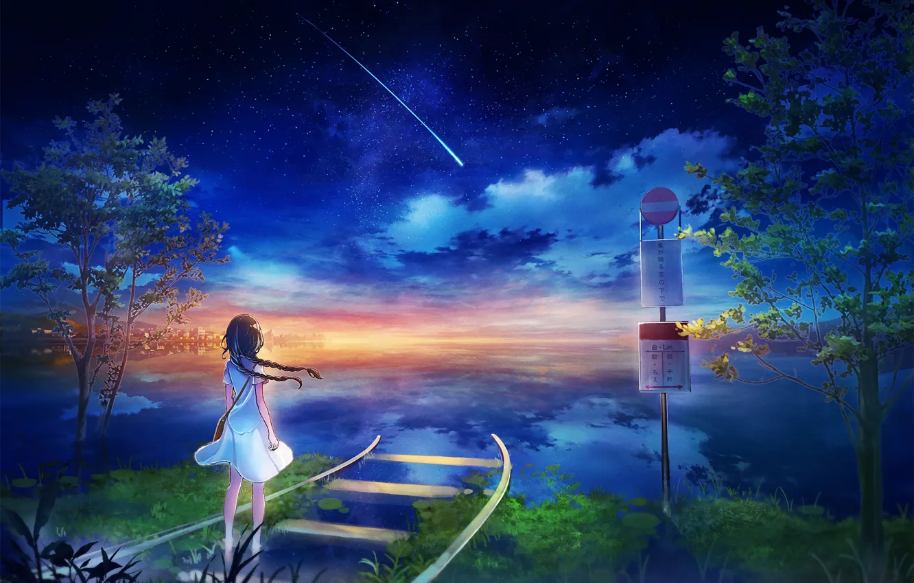 Фото обои море, деревья, рельсы, горизонт, комета, девочка, дорожный знак, звездное небо