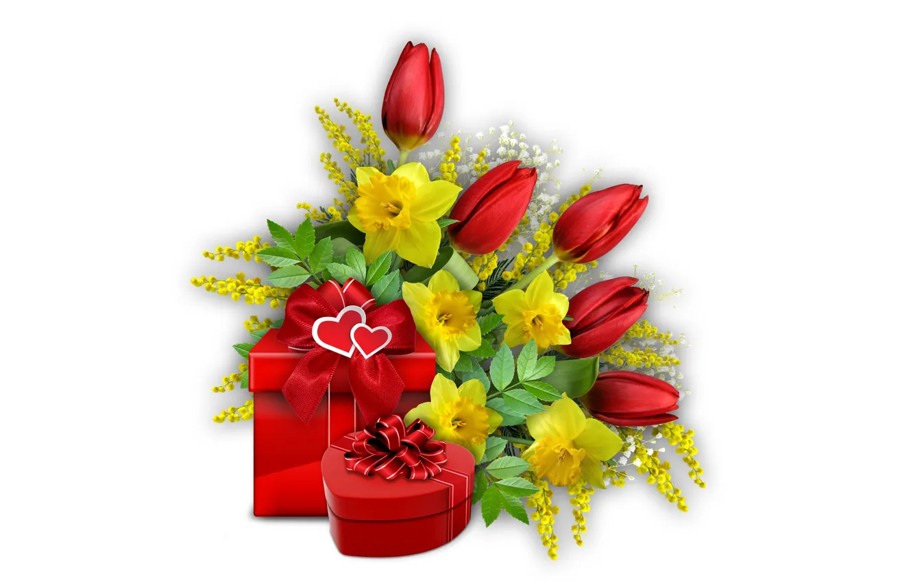 Фото обои подарки, сердечки, тюльпаны, нарциссы