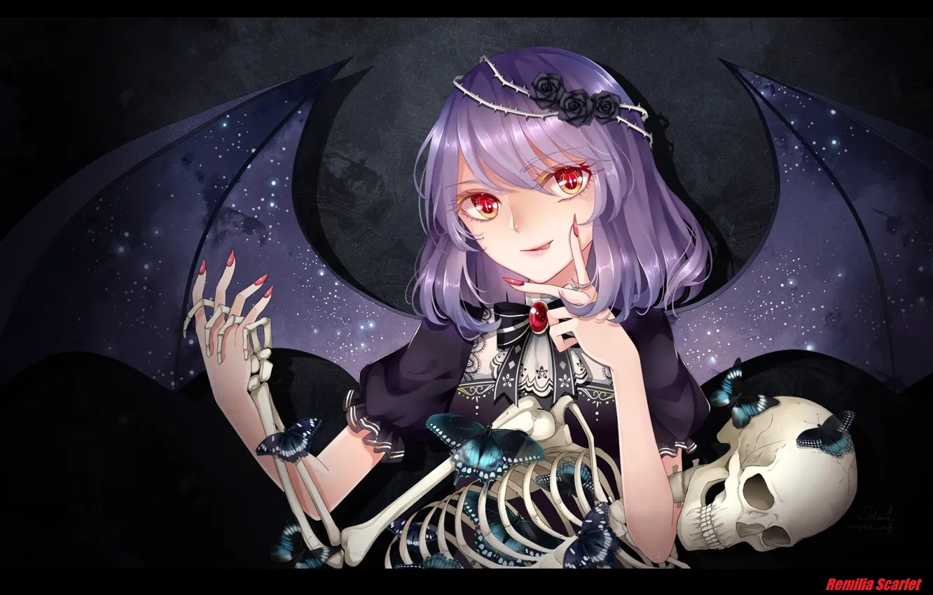Фото обои тьма, череп, скелет, красные глаза, art, вампирша, черные крылья, Touhou Project