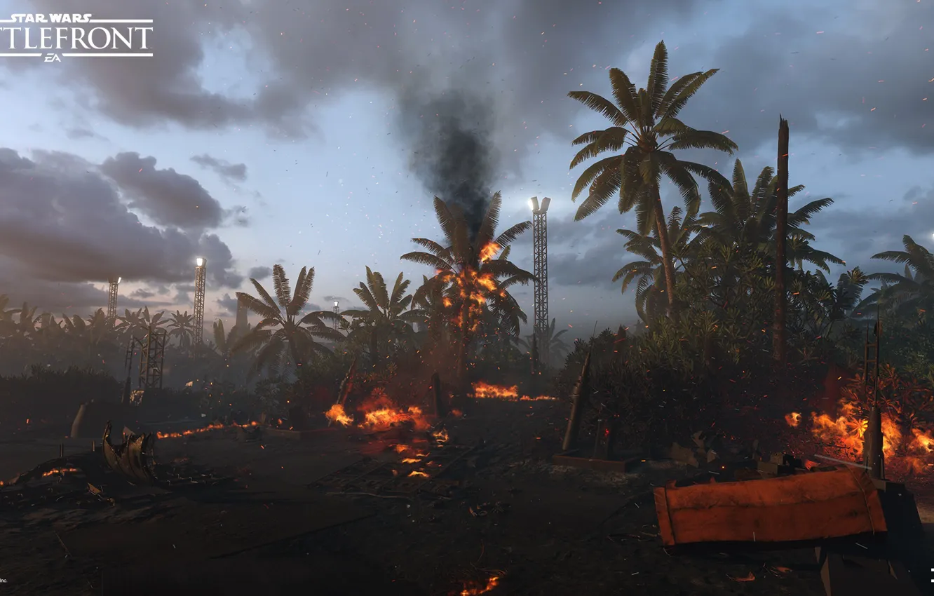 Фото обои пальмы, пожар, огонь, Star Wars Battlefront, Scarif Vegetation