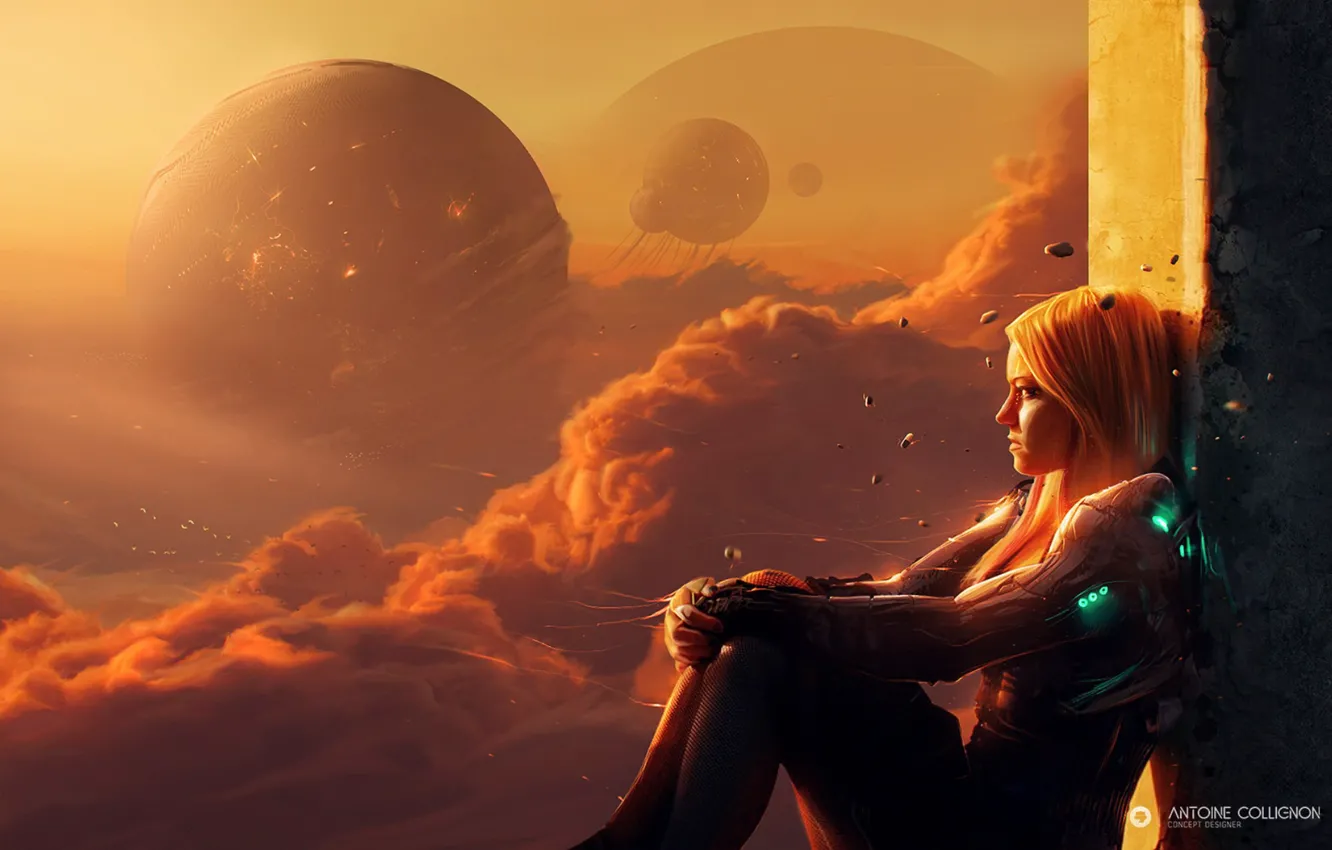 Фото обои девушка, облака, птицы, планета, костюм, telekinesis, test subject