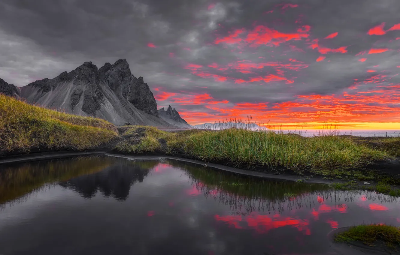 Фото обои восход, рассвет, гора, утро, Исландия, Iceland, Stokksnes, Стокснес