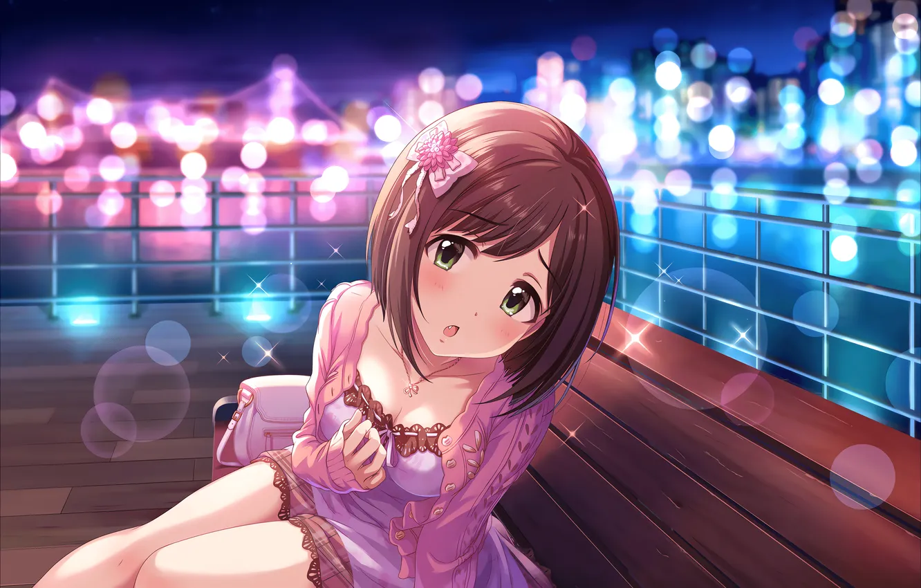 Фото обои lights, girl, cleavage, green eyes, dress, brown hair, boobs, anime