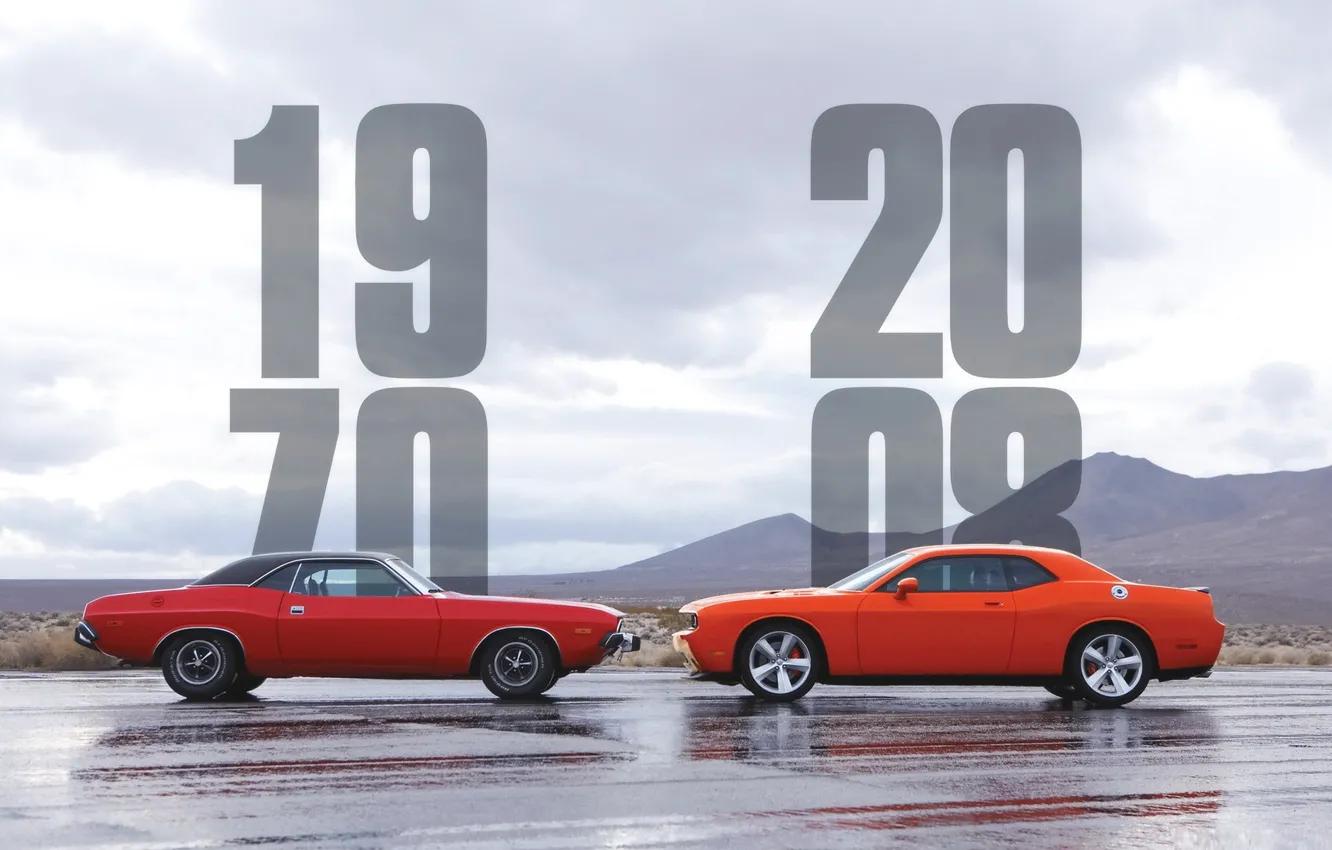 Фото обои небо, 2008, Dodge, Challenger, 1970, старый против нового