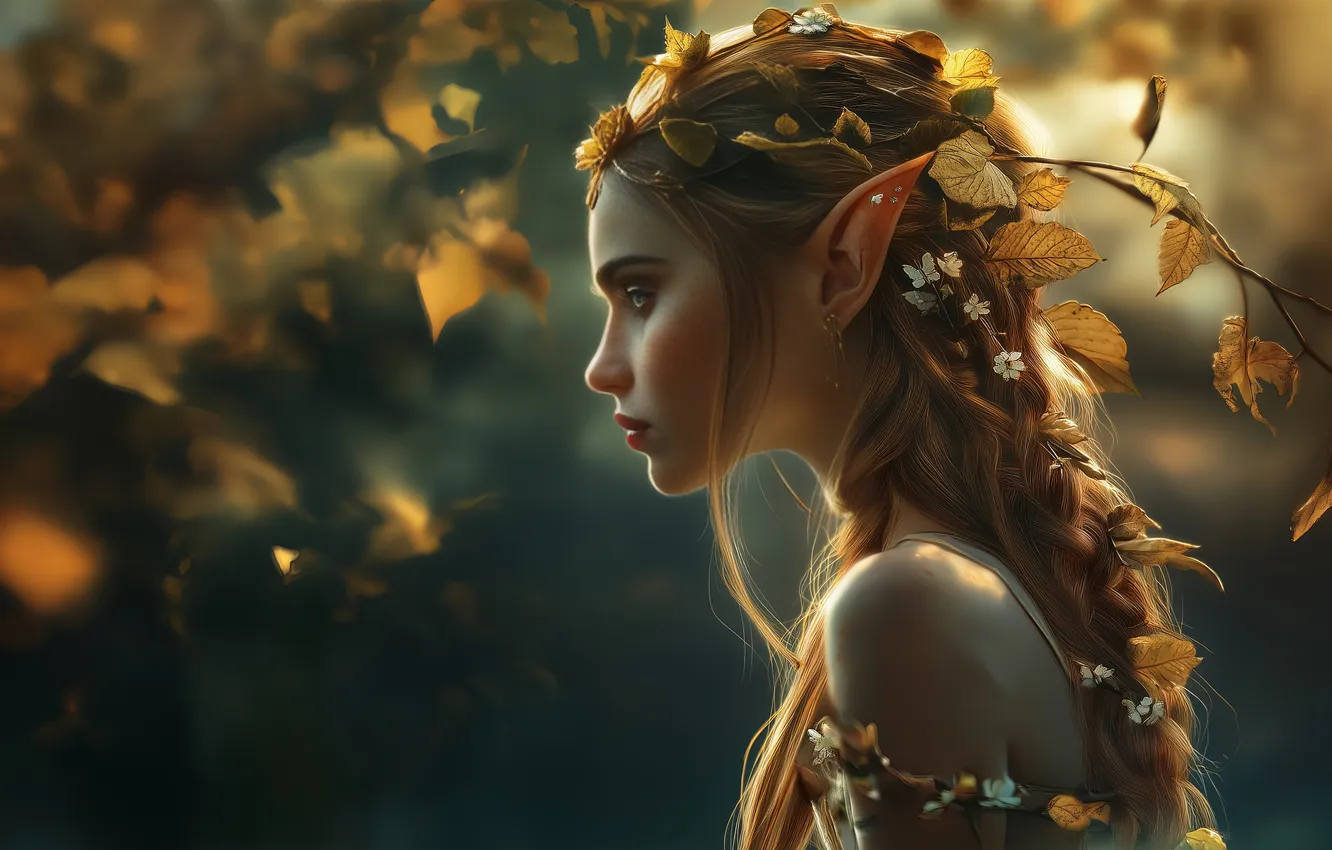 Фото обои girl, fantasy, leaves, digital art, artwork, fantasy art, fall, Elf
